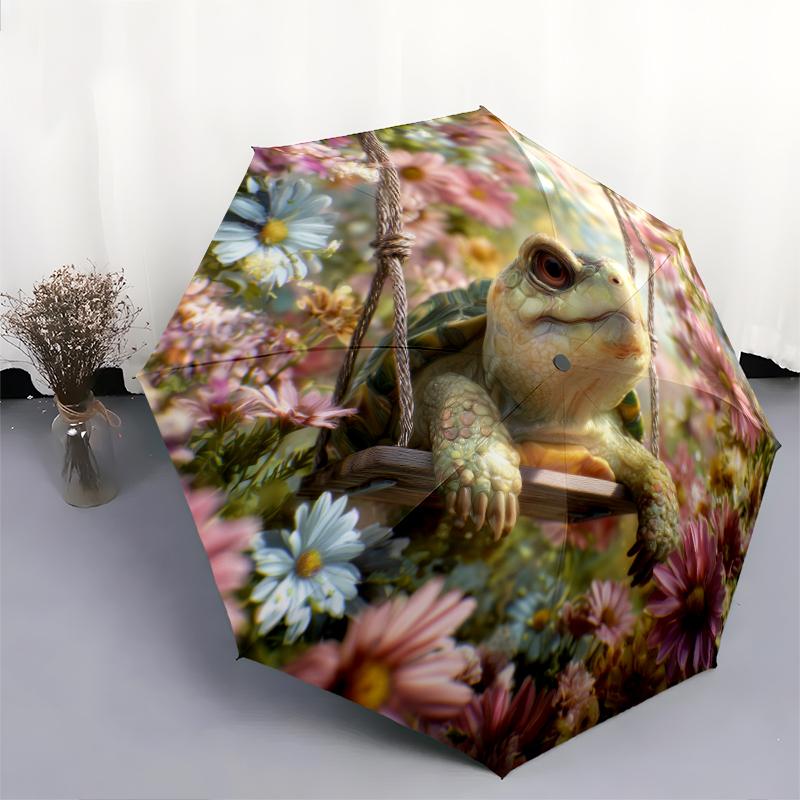 Turtle and Flower Pattern, Automatic Folding Umbrella, Portable and Foldable Design, 8 Ribs, a Christmas or Birthday Gift.