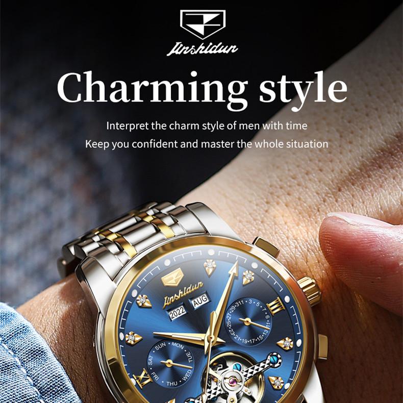 JINSHIDUN Neue Business- und Freizeit-Herrenuhr Einfache Business-wasserdichte leuchtende multifunktionale mechanische Uhr High-End-Herrenuhr