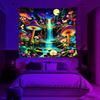 Ine Ive Blacklight Fantasy Mushroom Forest Tapestry Aesthetic UV Reactive Waterfall Tapestries 60x51Inch Moon Night Wildflower Plant Landscape Black