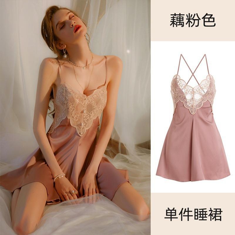 Sexy Pajamas Women's Ice Silk Summer Thin Style with Chest Pad New Summer Pure Lace Suspender Nightdress