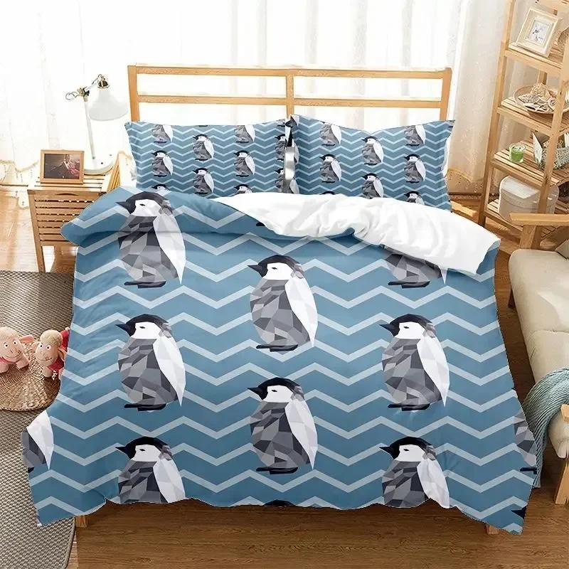 Cartoon Penguin Comfortable Duvet Quilt Cover Pillowcase Bedding Set Children Home Textile Antarctic Animal Illustration