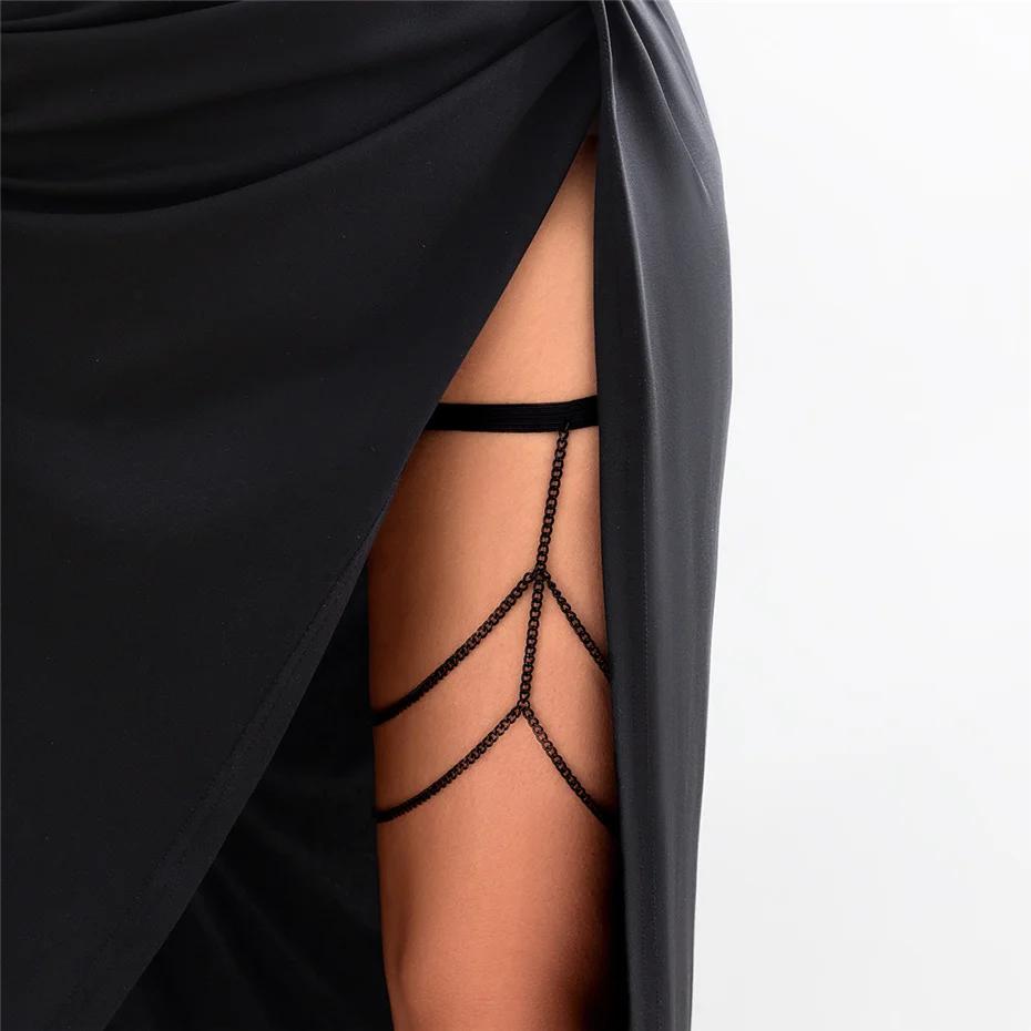 Neue Sexy Elastische Band Bandage Bein Oberschenkel Kette für Frauen Boho Schwarzes Eisen Geschirr Strumpfhalter Gürtel Körper Schmuck Kleid Dekorieren Neu