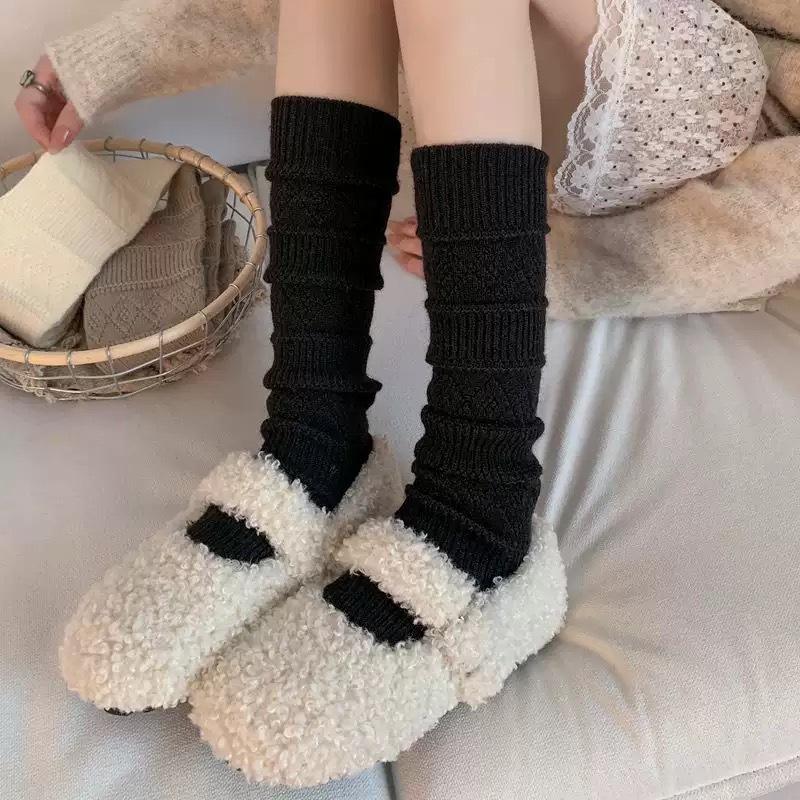 Slimming Thickened Wool Pile Socks with Diamond-patterned Texture for Women, Long and Versatile Calf Socks, Solid Color School Style Long Leg Socks