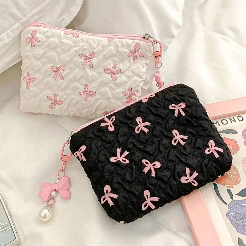 Cute Pink Bow Makeup Bag Mini Storage Case for Lipstick Card Sanitary Napkin Holder Women's Cosmetic Pouch