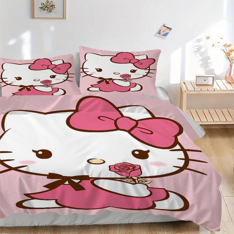 

3pcs Rose Hello Kitty Sanrio Quilt Set Cartoon Themed Bed Quilt Set Lovely Character Bedroom Decor Bed Quilt Set Four Seasons (1 Cover + 2Pillowc 135x200cm