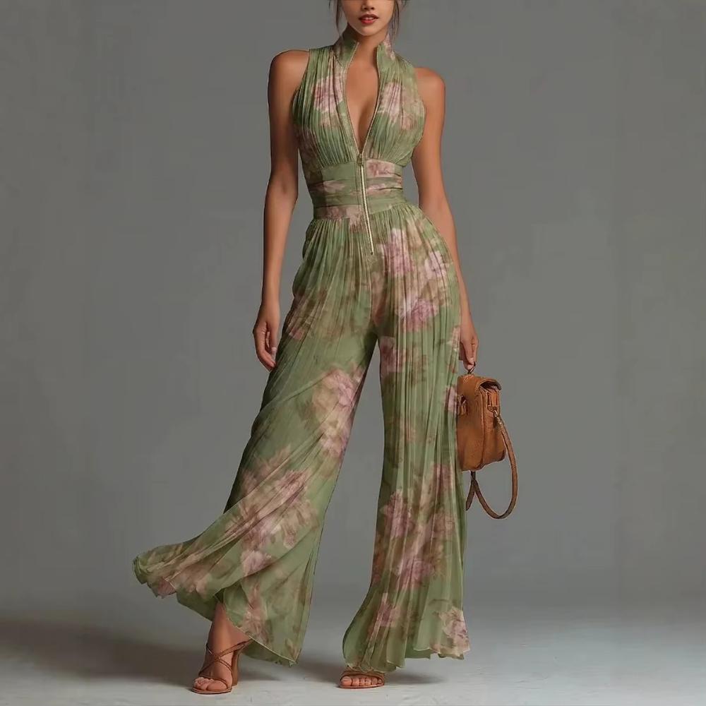 Damen Eleganter Chiffon Ärmelloser Jumpsuit Hohe Taille Plissiert Fließend Weiter Bein Einteiler Overalls Urlaub Lässig Streetwear Rompers