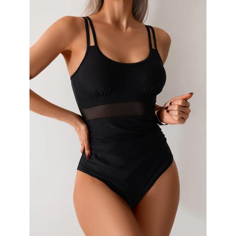 2026 Hollow Strapped Swimwear Women Sexy Solid One Piece Swimsuit Mesh Patchwork Monokini Backless Lady Bathing Suit