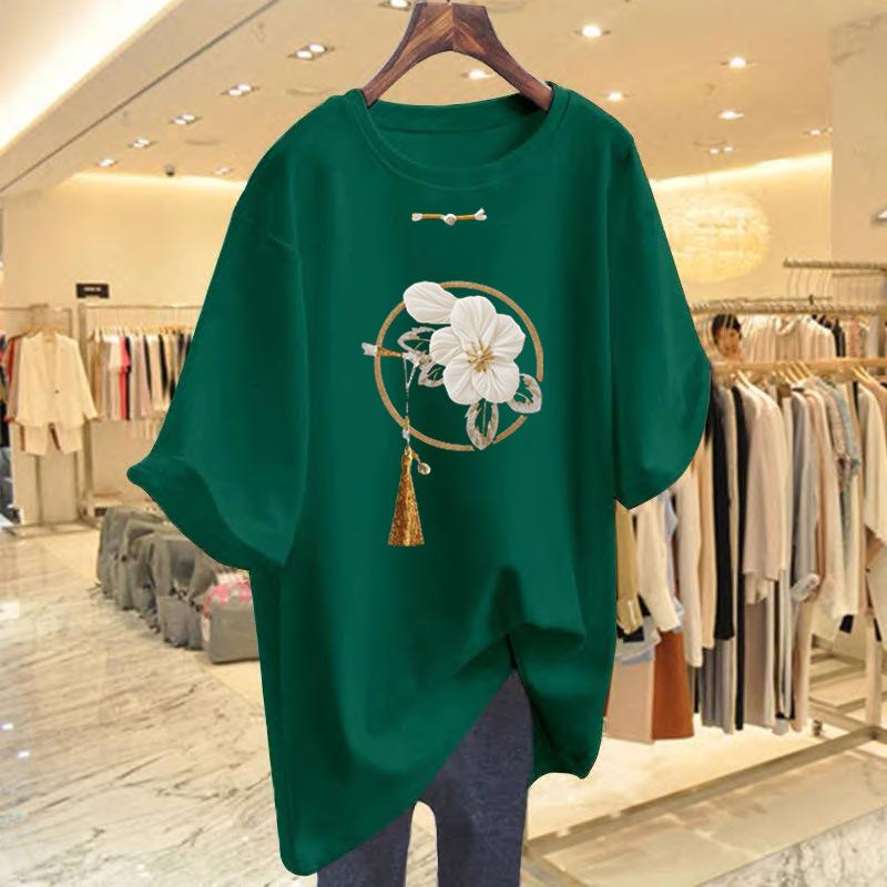 New Chinese Style Pure Cotton Medium and Long Short-sleeved T-shirt Women's Summer New Product Butt-covering and Thin Large-size T-shirt Top