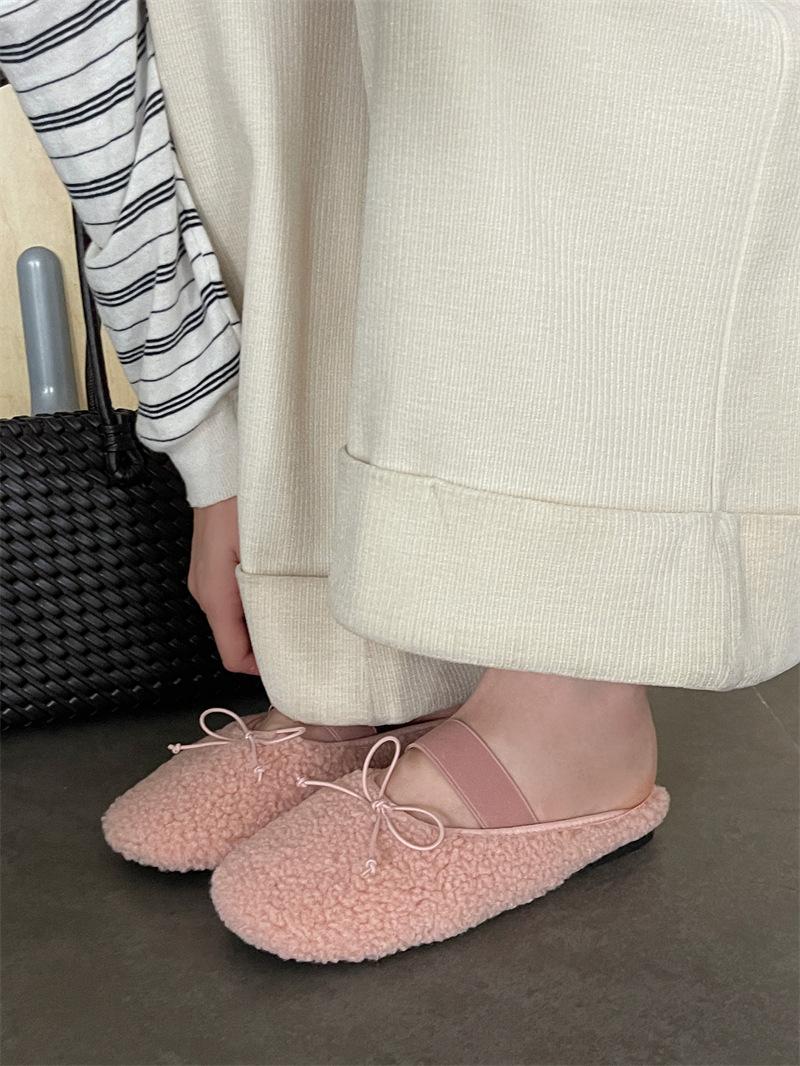 

2025 Новые туфли-лодочки с бантом, на плоской подошве, с круглым носком, полушлепанцы, женские 43 розовый