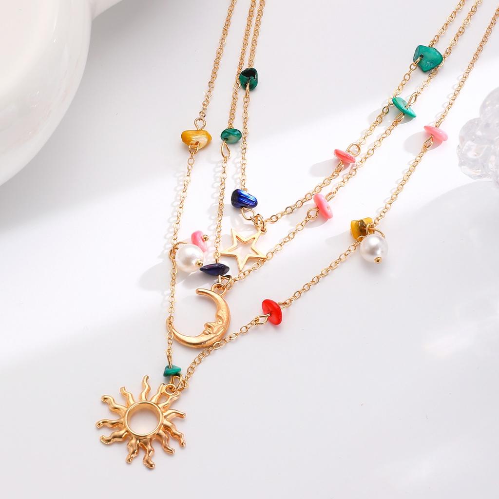 Layered Star Moon Sun Pendant Necklace with Colorful Beads and Pearls Bohemian Style Women Jewelry