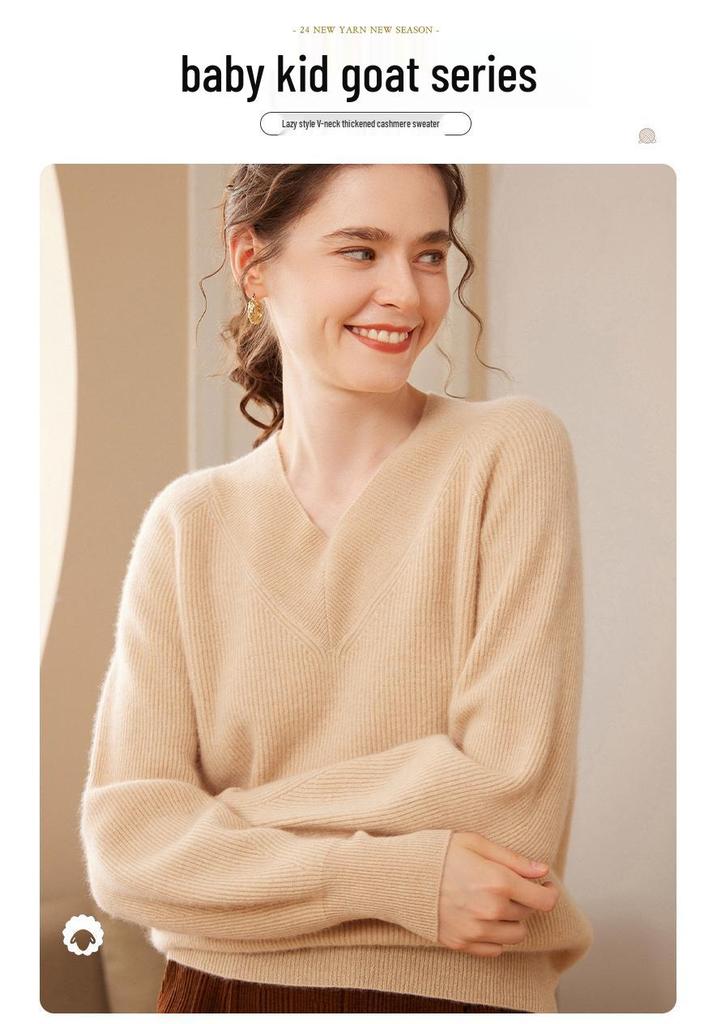 New Women's Plus Size V-neck Cashmere Knit Sweater - Thick, Warm, Loose Fit, Versatile Casual Outerwear.
