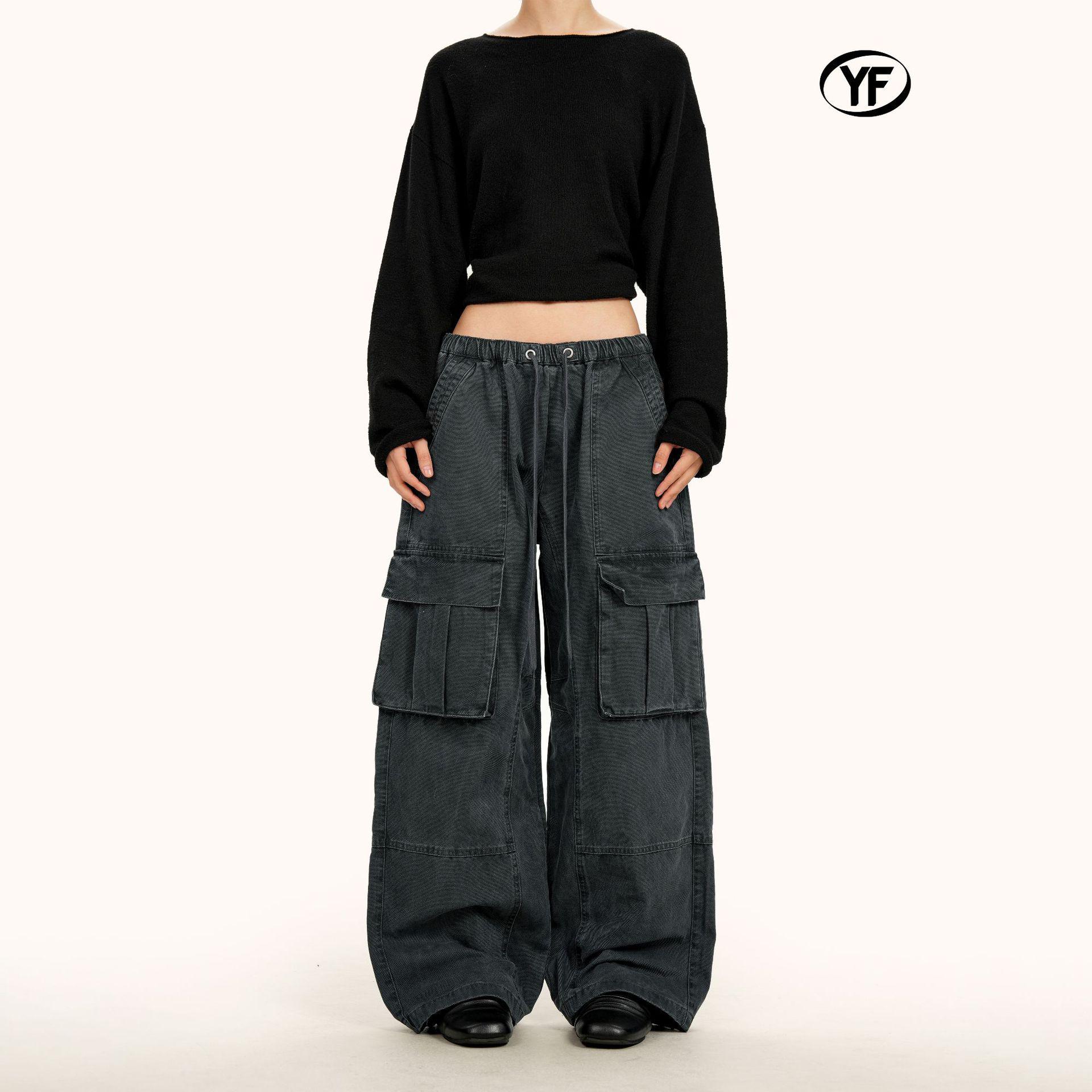 Yongfang Unisex Retro Patchwork Drawstring Wide-Leg Pants with Multi-Pockets Large