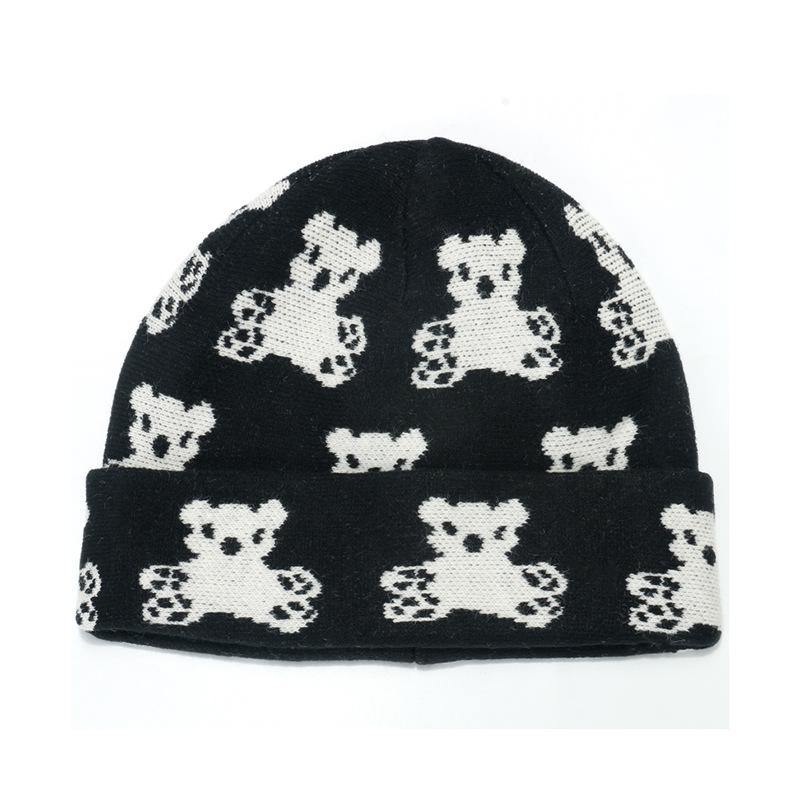 

2025 autumn and winter cold hat cute cartoon bear knitted wool hat Internet celebrity big head circumference warm ear protection knitted hat woman L（58-60cm） чёрный