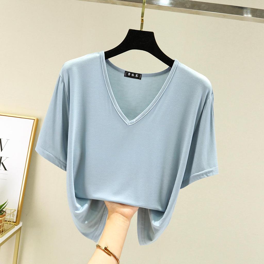 T-shirt da donna Modal scollo a V Maniche corte Top T-shirt casual estive Tinta unita T-shirt basic allentate