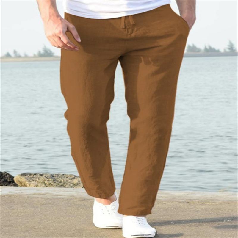 Heren Casual Linnen Broek Elastische Taille Rechte Pijp