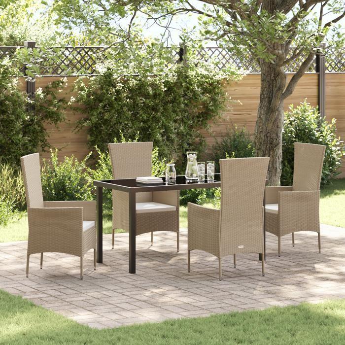 Ensemble de repas 5 pièces avec coussins en rattan poly beige 3379459