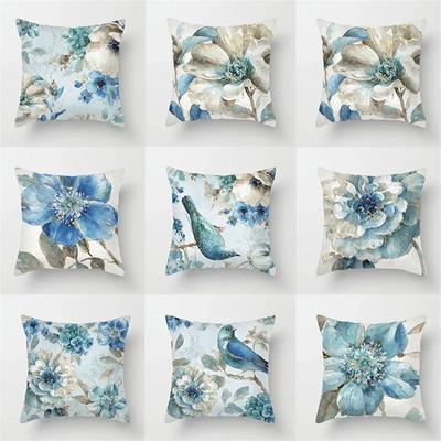 Dekorative Kissenhülle mit blauem Blumen- und Vogelmotiv, für Wohn- und Bürodekoration, für das Zuhause