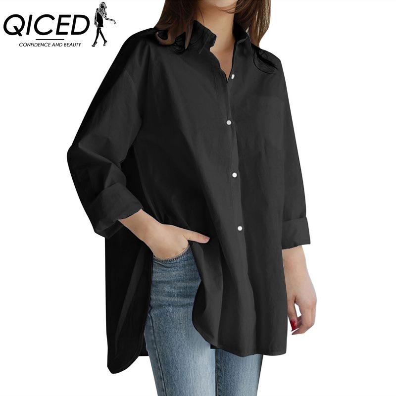 QICED Women's Fashion Casual Solid Color Print Long Sleeve POLO Neck Blouses & Shirts