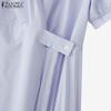 ZANZEA Elegant Women Short Sleeve Side Button Waist Pleated Casual Midi Office Dress