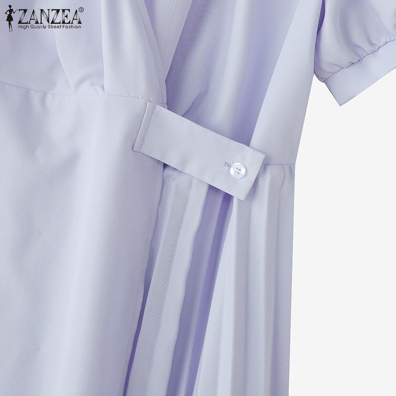 ZANZEA Elegant Women Short Sleeve Side Button Waist Pleated Casual Midi Office Dress