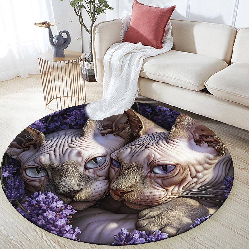 Sphynx Cat and Flowers pattern round rug,Carpet Rug for Living Room Bedroom Sofa Playroom Decor,Non-slip Floor Mat,Holiday Gifts and Birthday Gifts