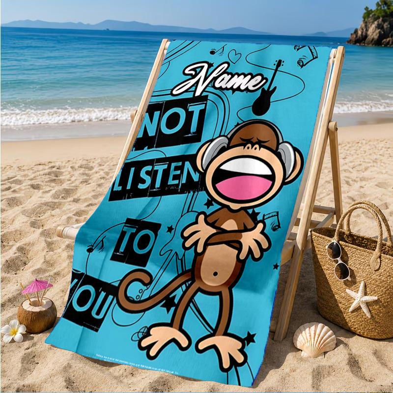 Custom Name Monkey Refuses Listen Heart In Space Adventure Microfiber Beach Towel, Lightweight for Summer Travel, Swimming Pool Fan Gift