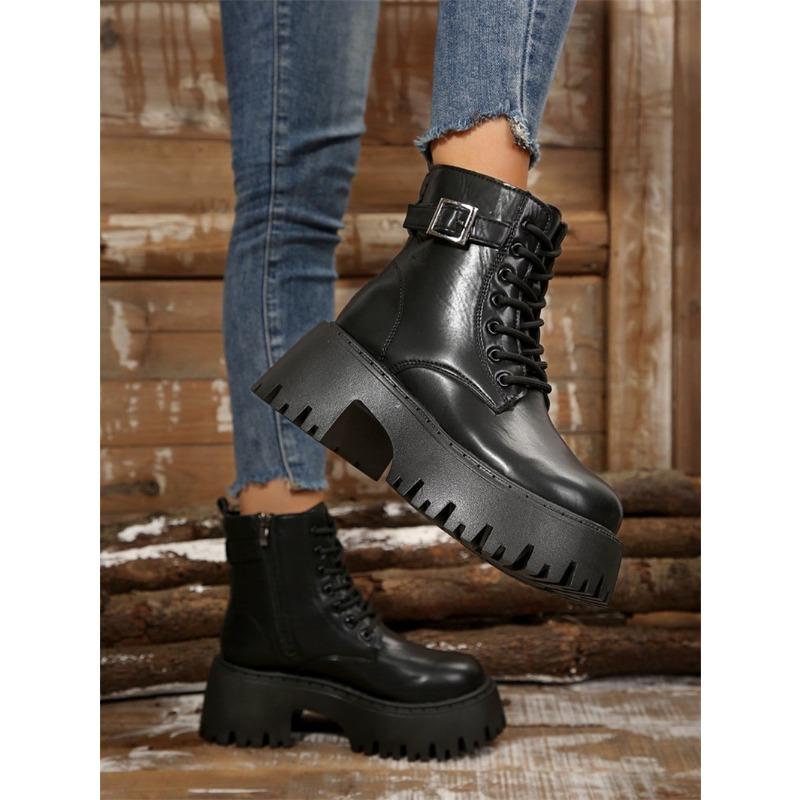 Plus Size 25 Autumn New Lace-up Round Toe Buckle with Platform Short Sore Women's British Style Fashion Trend Martin Boots