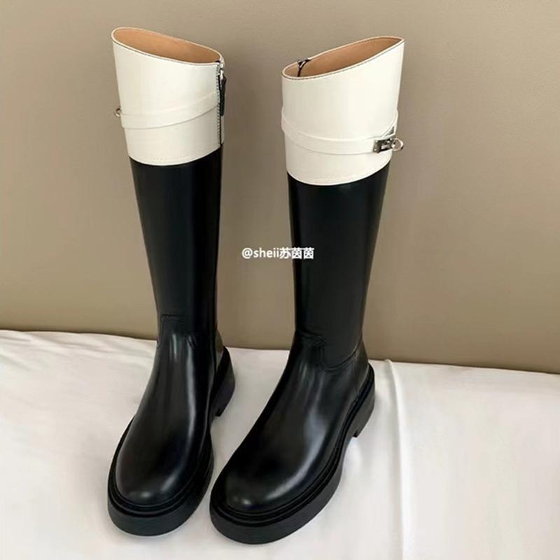Grape Mother Has the Same Style and Likes the Quality~ Round Head Color Matching Lock Thick Heel Medium and High Boots Knight Boots Women's Genuine Le
