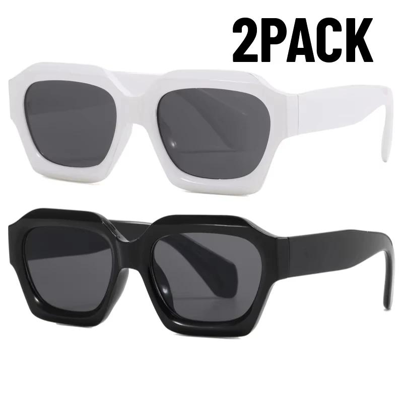 2PCS New Fashion Black Small Rectangular Thick Frame Sunglasses for Men and Women Rectangular Summer Wear Outdoor Travel Shades