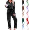 Women's Color Silky Long Sleeve Button Pajama Set Sleepwear