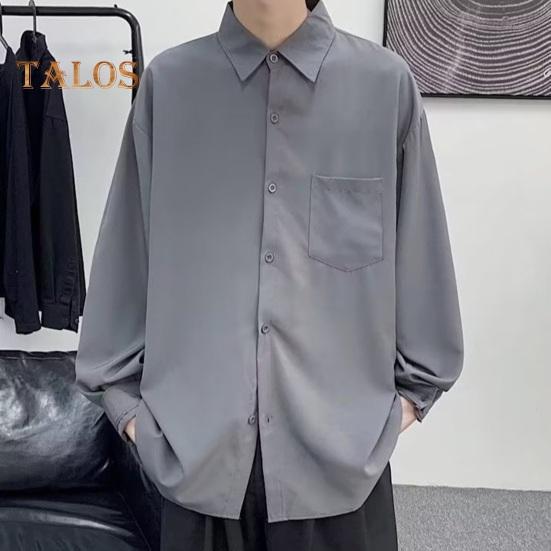 Men Spring Fall Shirt Turn-down Collar Loose Fit Retro Japanese Style Single-breasted Long Sleeves Pure Color Mid Length Young Formal Business Event