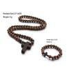 Armband Ketting Set Houten Kralen Gekerfd Lang Rozenkrans Katholieke Sieraden voor Mannen