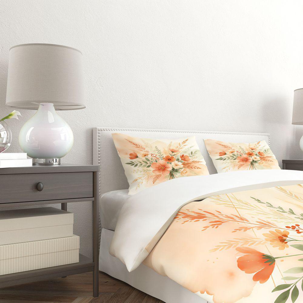 Boho Peach Floral Watercolor Duvet Cover Set Comforter Cover Bedding Set No Filler, Soft Farmhouse Women Bedroom Bed Decor