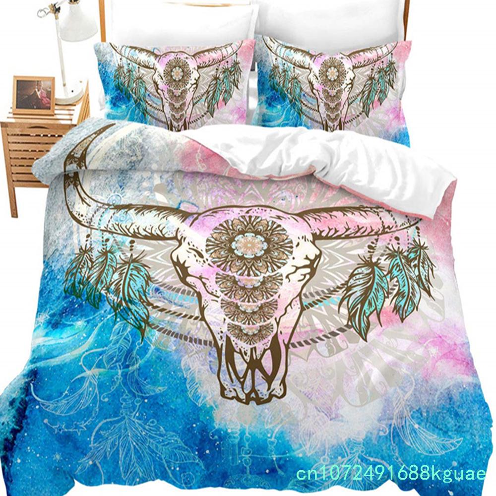 Farm Animal Duvet Cover Set Single King Queen Bohemian Mandala Bedding Set Microfiber Deer Bull Head Cow Skull Comforter Cover