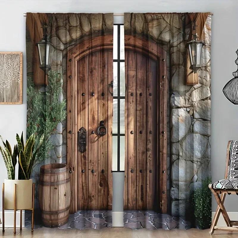 3D 2pcs Light Colour Wooden Door Printed Curtain For Home Decor Rod Pocket Window Treatment For Bedroom,Office,Kitchen,Living Ro