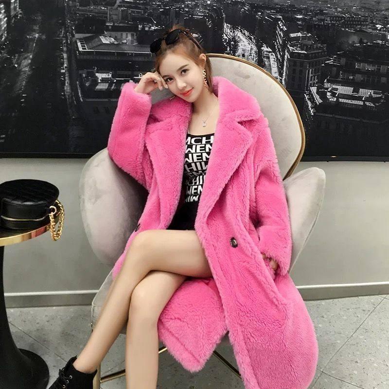 2 New autumn and winter Iceland imitation cashmere long coat teddy bear imitation fur coat women's black peach powder