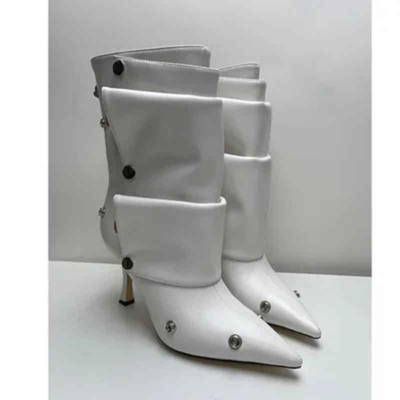 Classics Women Pointed Toe Strange Heels Boots For Woman's Rivet Button Zipper-Sid Solid Color High Heels Shoes Botas Altas