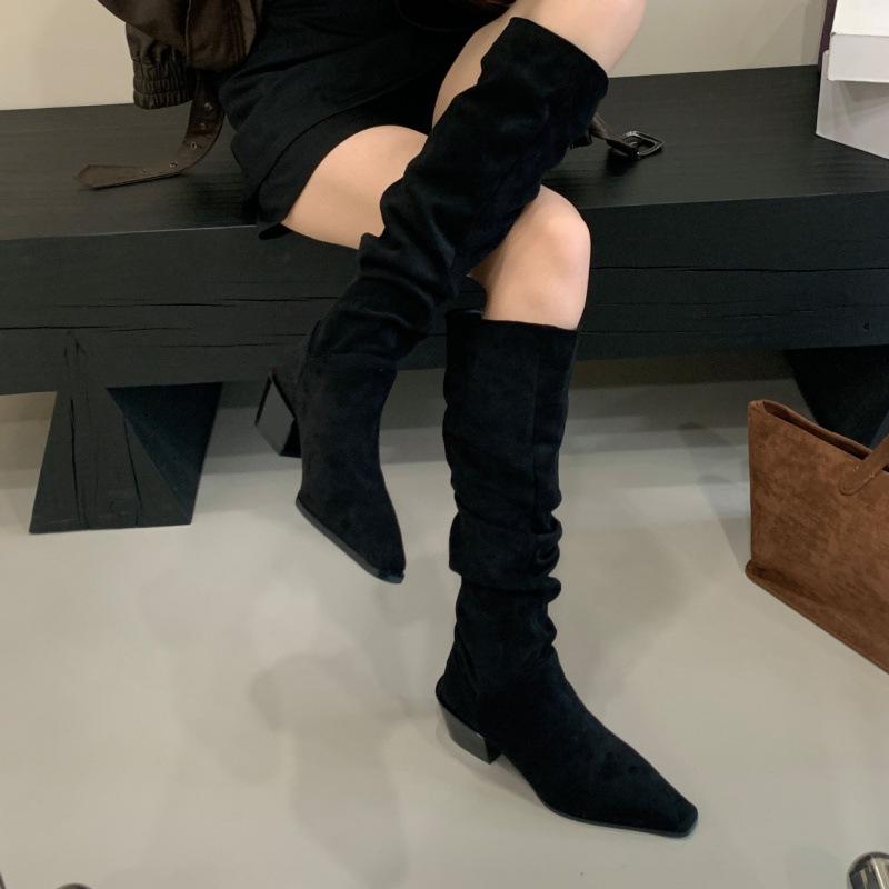 2025 New Fashionable Versatile European and American Suede Square Heel Knight Boots Long Boots Thin High Boots Women