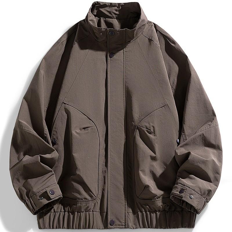 Mens Solid Color Stand Collar Jacket Casual Sporty Workwear Windproof Outerwear Loose Fit Fall