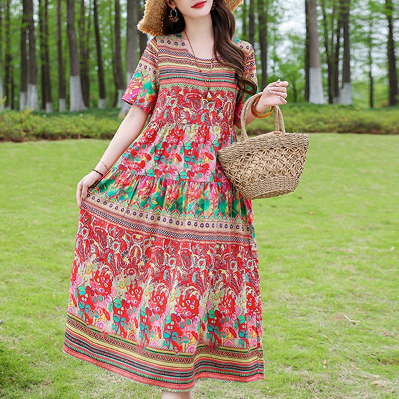 Elegant Women's Summer Dress Loose Short Sleeve Plus Size Casual Long Dresses Vintage Clothes