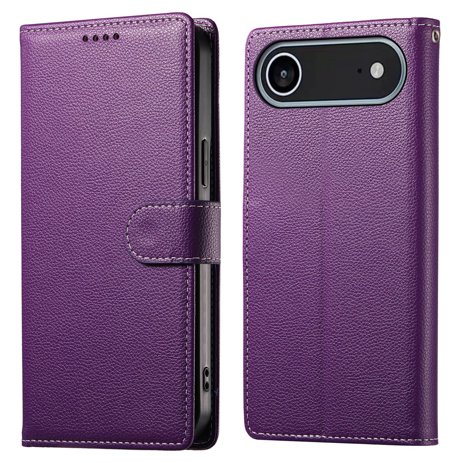 

For iPhone 17 Air Case Magnetic Snap Litchi Texture Leather Wallet Phone Cover with Wrist Strap Purple