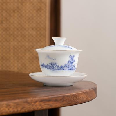 Weißer Eis-Samen-Jade Porzellan Drei Talente Deckelschale Haushalt Kung Fu Tee-Set Keramik Teeschale Tasse Speckjade Porzellan Teeschale