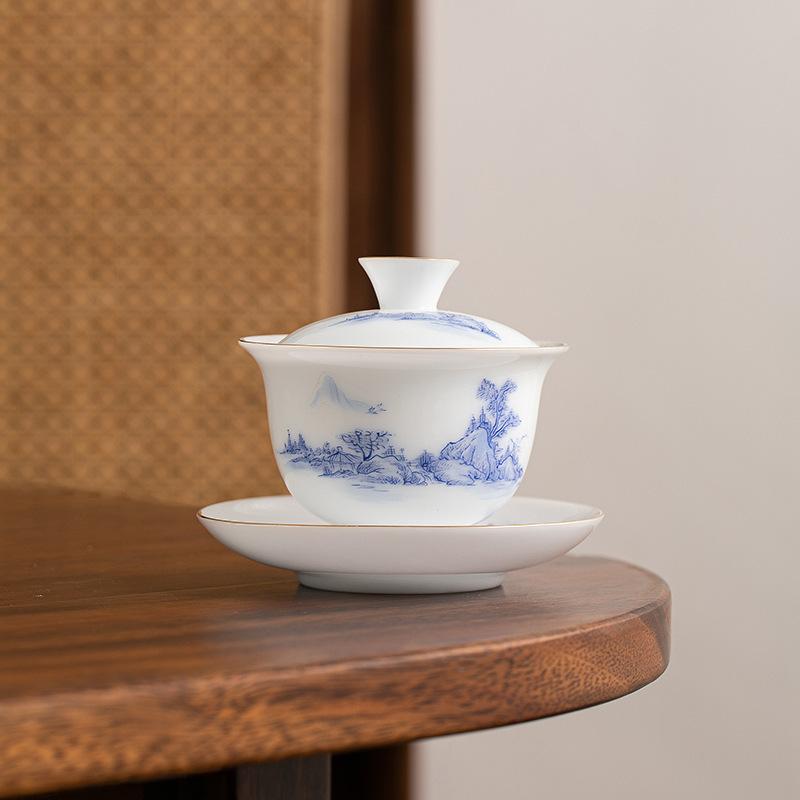 White ice seed jade porcelain three talents cover bowl household kung fu tea set ceramic tea bowl cup suet jade porcelain tea bowl