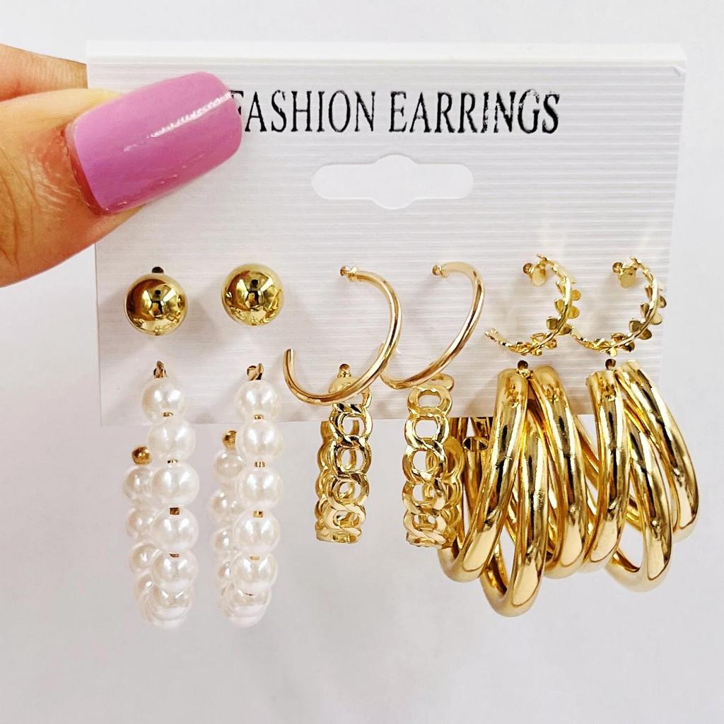 French Retro Pearl Circle Stud Earring Set - 6 Pieces for Women