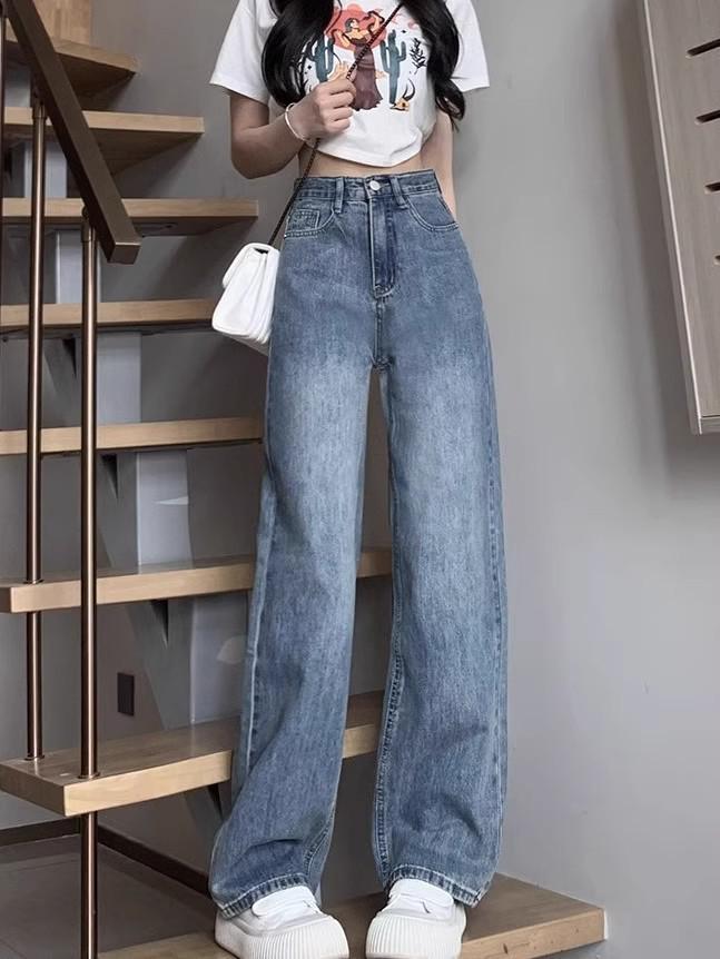 Women's High-Waisted Wide-Leg Jeans - Petite, Floor-Length, Loose Drape, Spring/Autumn 2023