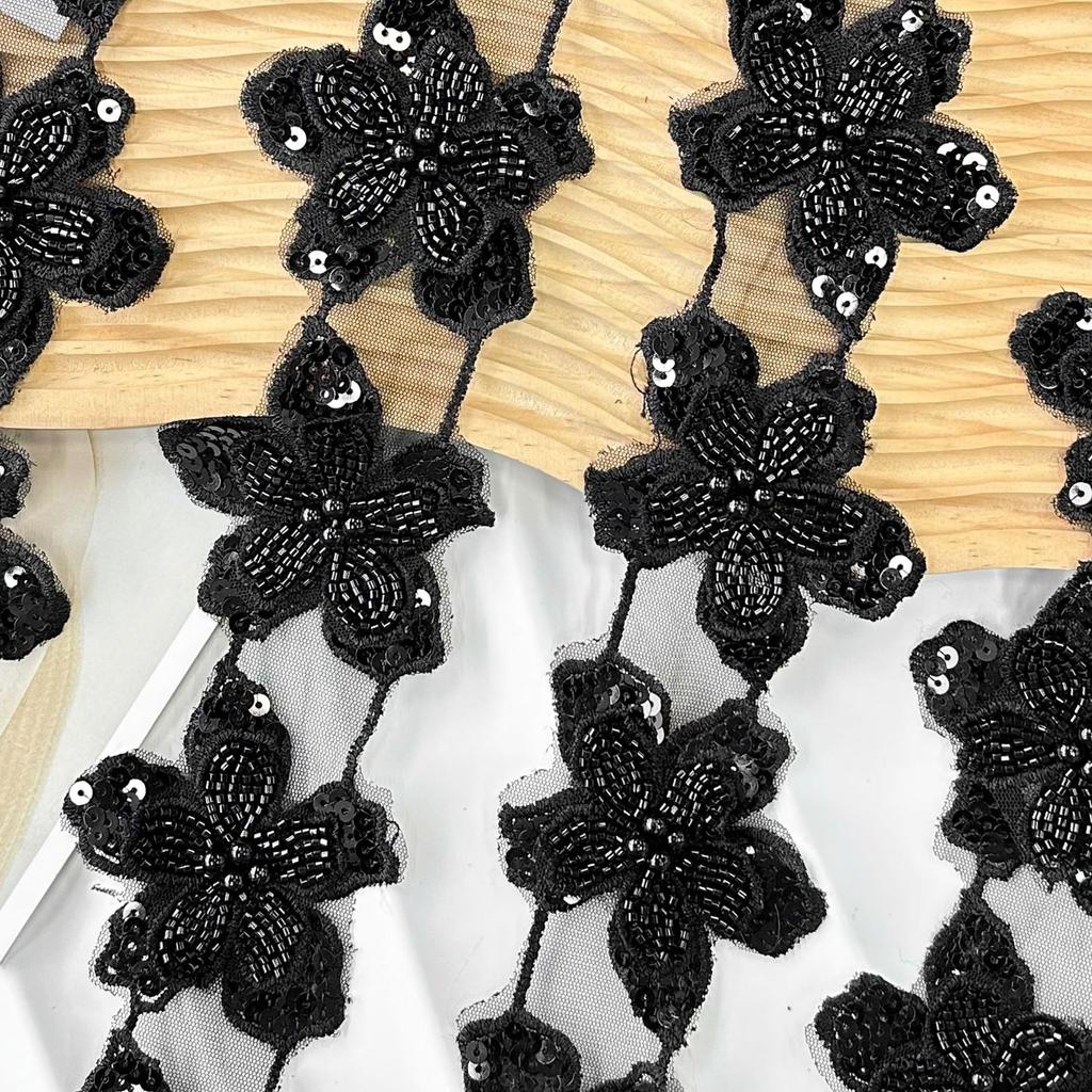 Korean Version Of Light Luxury Black Bead Flower Piece Hair Accessories Dress Children'S Clothing Mesh Embroidery Lace Accessories