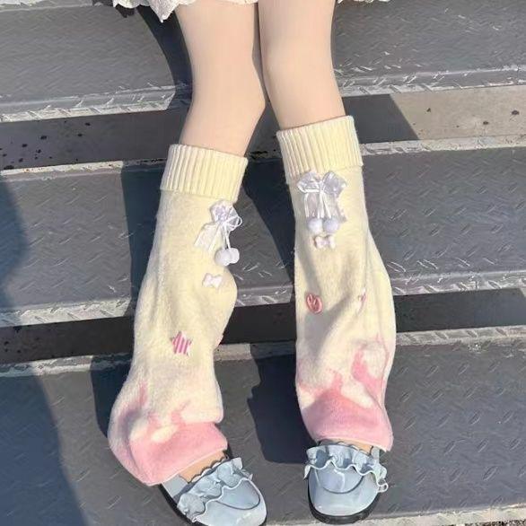 Cute Bowknot Calf Lolita Japanese-style Knitted Leg Warmers Slouchy JK Knee-high Socks Autumn Winter Warm Sweet Girl Socks
