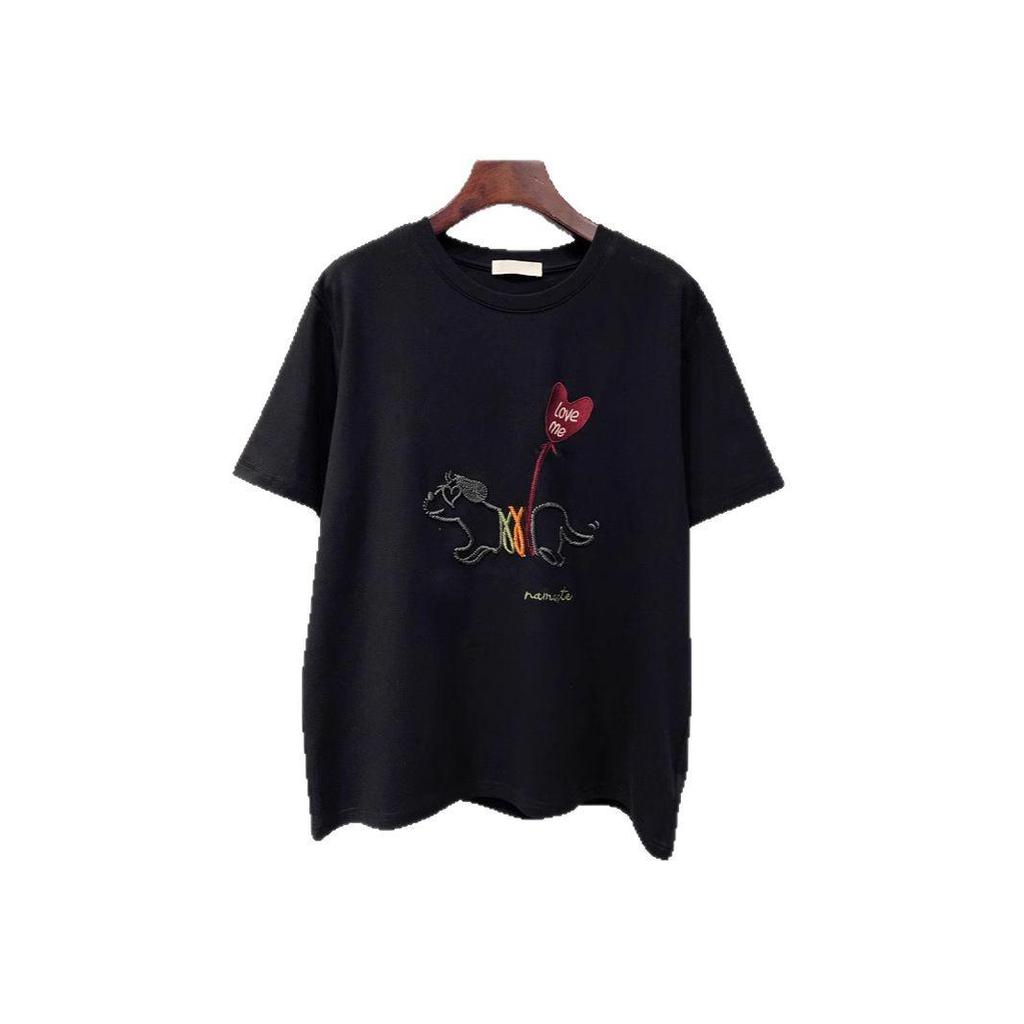 Plus Size Embroidered Puppy Cotton Short Sleeve T-Shirt for Women - Summer 2025 Loose Fit