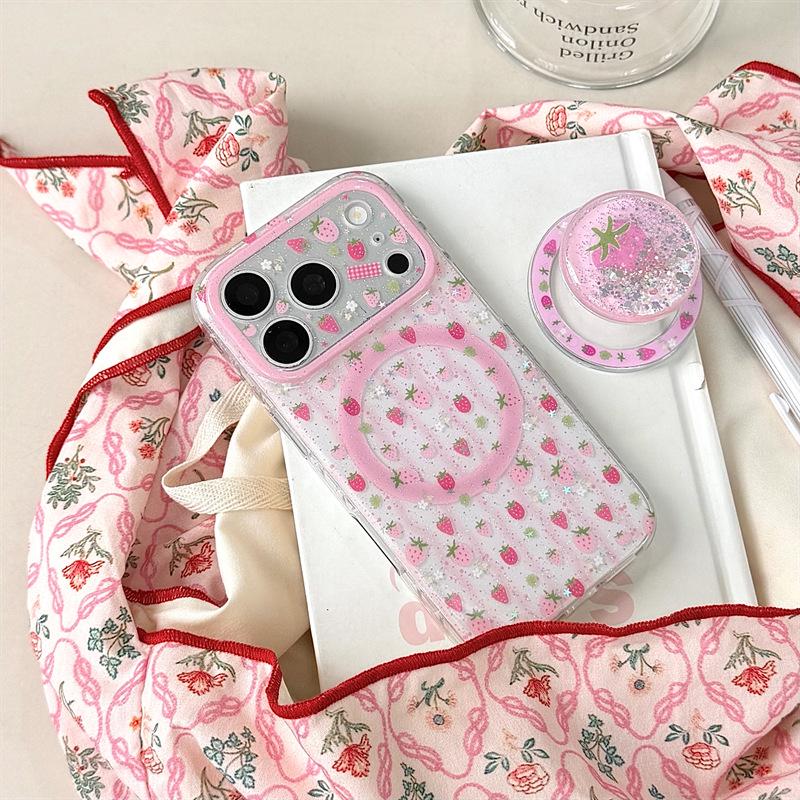

Pink Flowing Sand Strawberry Magnetic Stand Case for iPhone 17, 16 Pro Max, 15, 14 - Girly Design iPhone 13