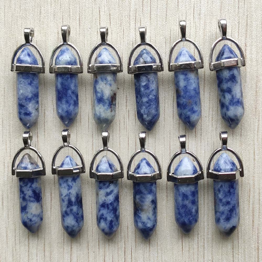 Natural stone quartz aventurine lapis crystal hexagonal pillar Pendants for Jewelry accessories 12pcs
